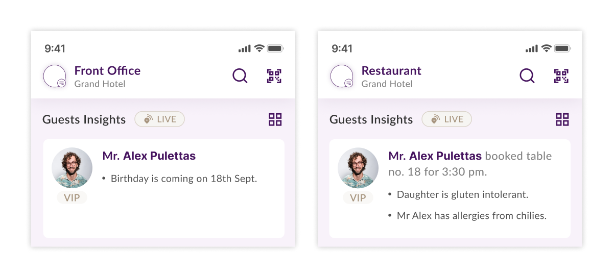 Department-specific guest profiles in Gaia Pulse: Front Office and Restaurant views